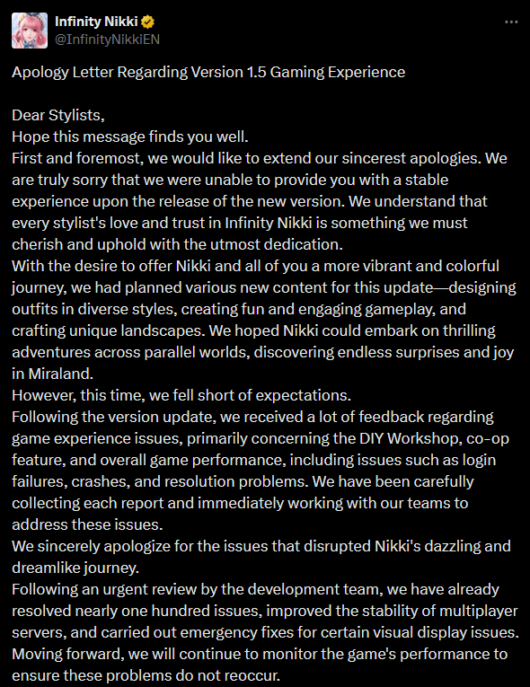 Infinity Nikki Infold Apology Screenshot 1