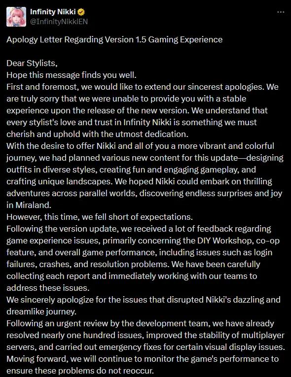 Infinity Nikki Infold Apology Screenshot 1